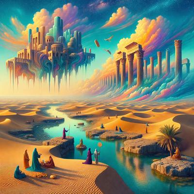 The primary subject of the image is a group of people standing on a sandy beach. They are positioned near a body of water, which appears to be a lake. The setting is a desert landscape, with a city visible in the background. The visual style of the image is a digital art or illustration, with a vibrant and colorful atmosphere.